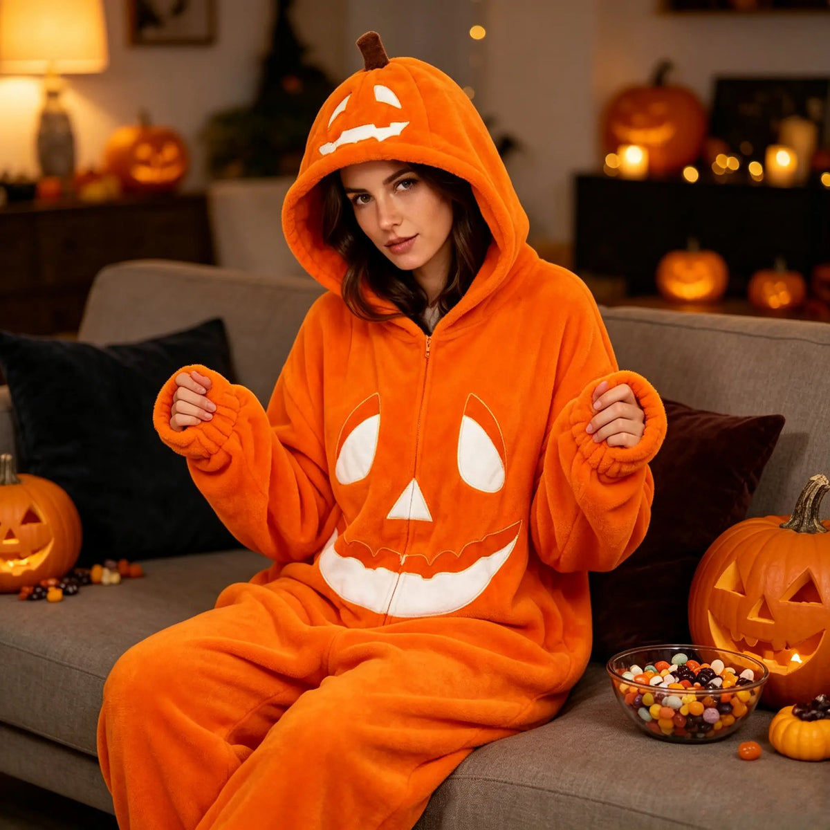 Halloween Adult Pumpkin Jack O Lantern Hooded Onesie Pajamas