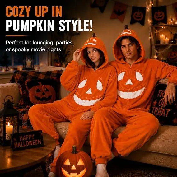 Halloween Adult Pumpkin Jack O Lantern Hooded Onesie Pajamas