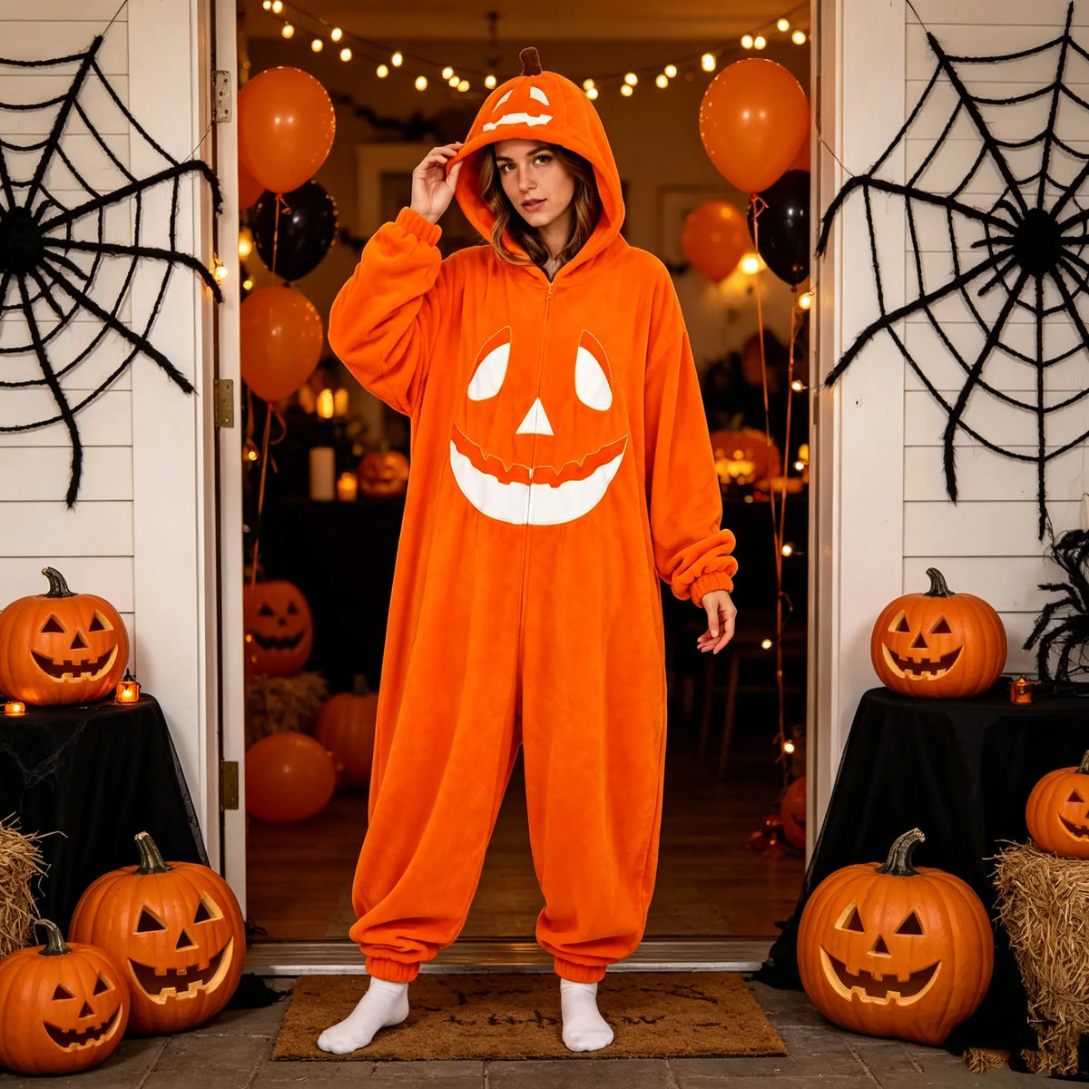 Halloween Adult Pumpkin Jack O Lantern Hooded Onesie Pajamas