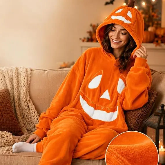Halloween Adult Pumpkin Jack O Lantern Hooded Onesie Pajamas