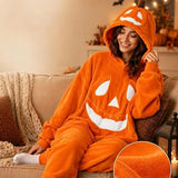 Halloween Adult Pumpkin Jack O Lantern Hooded Onesie Pajamas