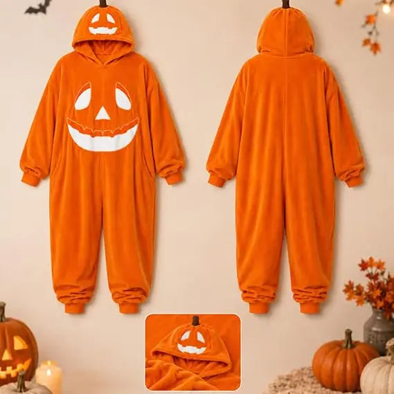 Halloween Adult Pumpkin Jack O Lantern Hooded Onesie Pajamas