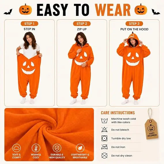 Halloween Adult Pumpkin Jack O Lantern Hooded Onesie Pajamas