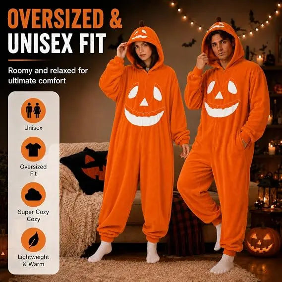 Halloween Adult Pumpkin Jack O Lantern Hooded Onesie Pajamas
