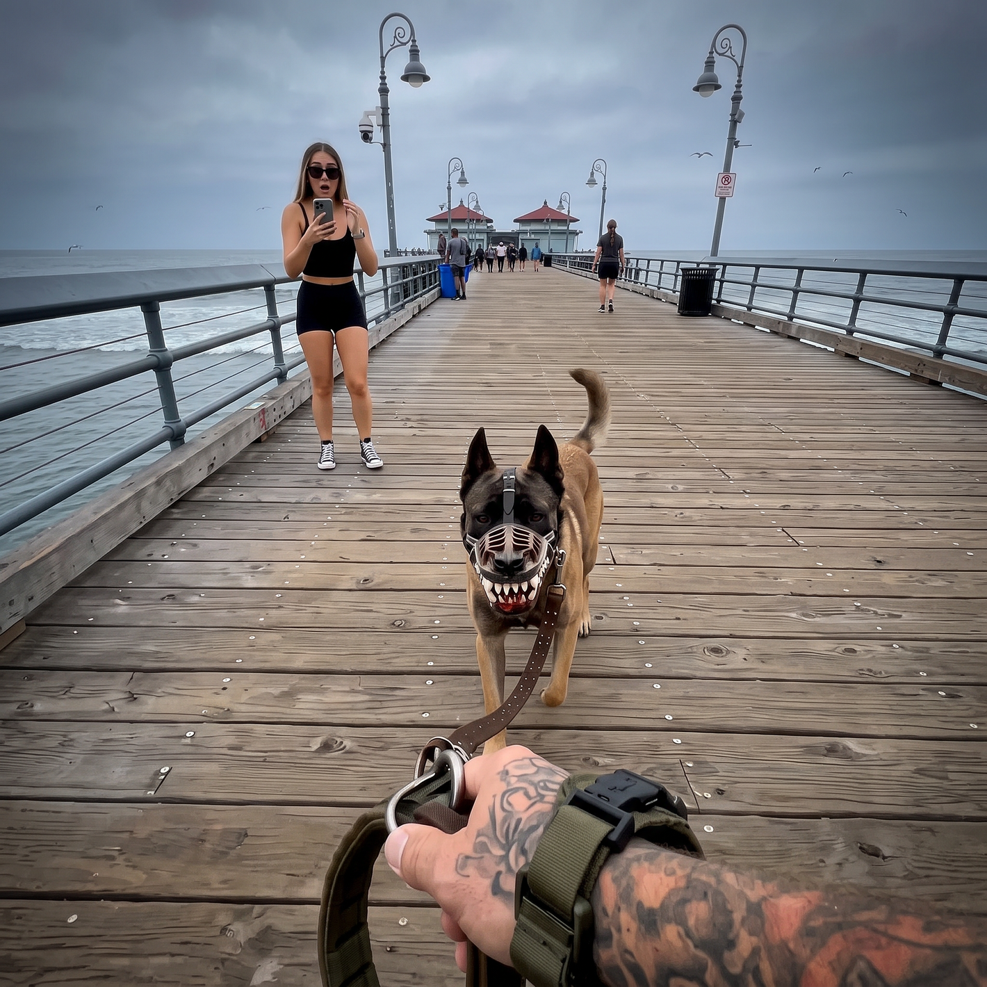 Belgian Malinois wearing the muzzle on a pier