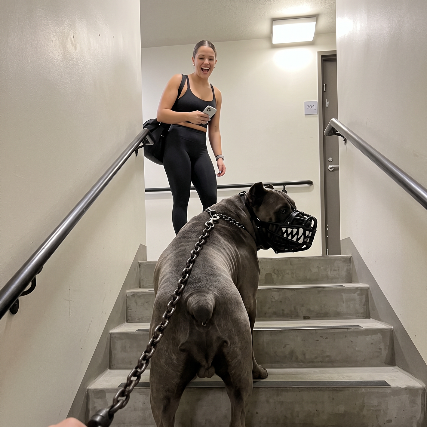 XL Bully wearing the muzzle in a stairwell